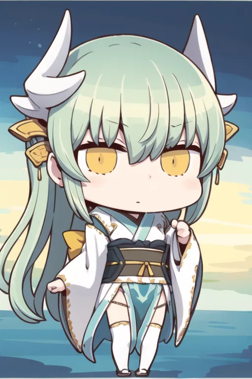 The image is of a chibi character with green hair and yellow eyes. She is wearing a white and blue kimono with a yellow obi. She has horns on her head and is standing on a beach. The background is of the ocean and sky with a few clouds in the sky.