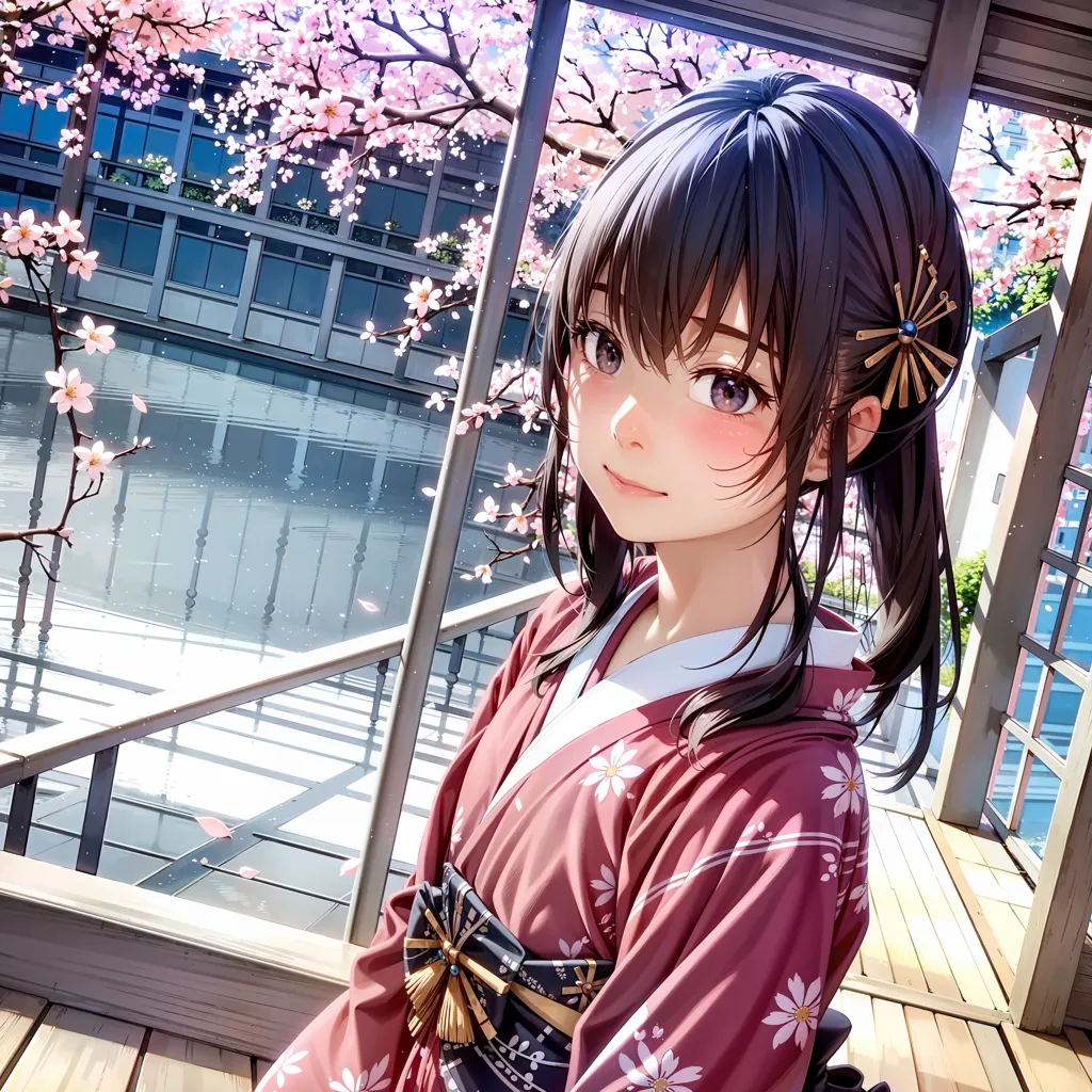 The image is of a young woman wearing a kimono. She has long, dark brown hair that is tied up in a ponytail. There are pink flowers in her hair. She is wearing a pink kimono with white and yellow flowers. The kimono is tied with a yellow and white obi. She is standing on a wooden porch. There is a railing on the porch. There are pink flowers on the trees in the background. There is a body of water in the background. There are buildings in the background. The sky is blue and there are some clouds.