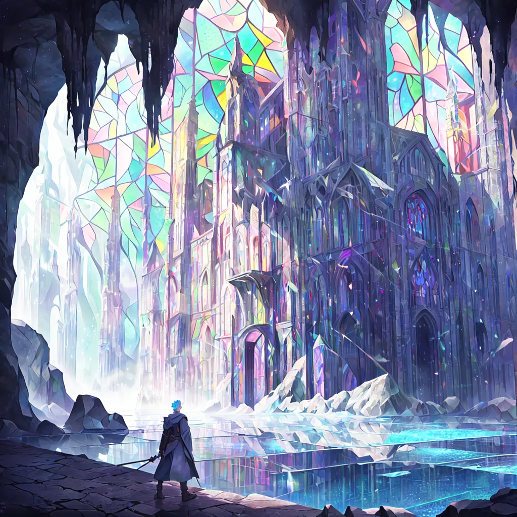 The image is a fantasy painting of a crystal cathedral. The cathedral is built on a frozen lake, and is surrounded by snow-capped mountains. Inside the cathedral, there are stained glass windows depicting religious scenes. A man stands on the edge of the lake, looking at the cathedral. He is wearing a long black coat and a sword.
