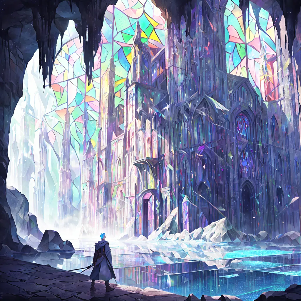 L'image est une peinture de fantaisie d'une cathédrale de cristal. La cathédrale est construite sur un lac gelé et est entourée de montagnes enneigées. À l'intérieur de la cathédrale, il y a des vitraux représentant des scènes religieuses. Un homme se tient sur le bord du lac, regardant la cathédrale. Il porte un long manteau noir et une épée.