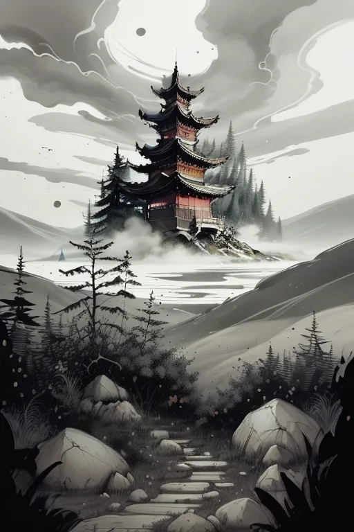 The image is a black and white painting of a Chinese landscape. There is a tall pagoda on a hill in the middle of a lake. The pagoda is surrounded by trees and there is a path leading up to it. The sky is cloudy and there are mountains in the background. The painting is done in a realistic style and the details are very fine.