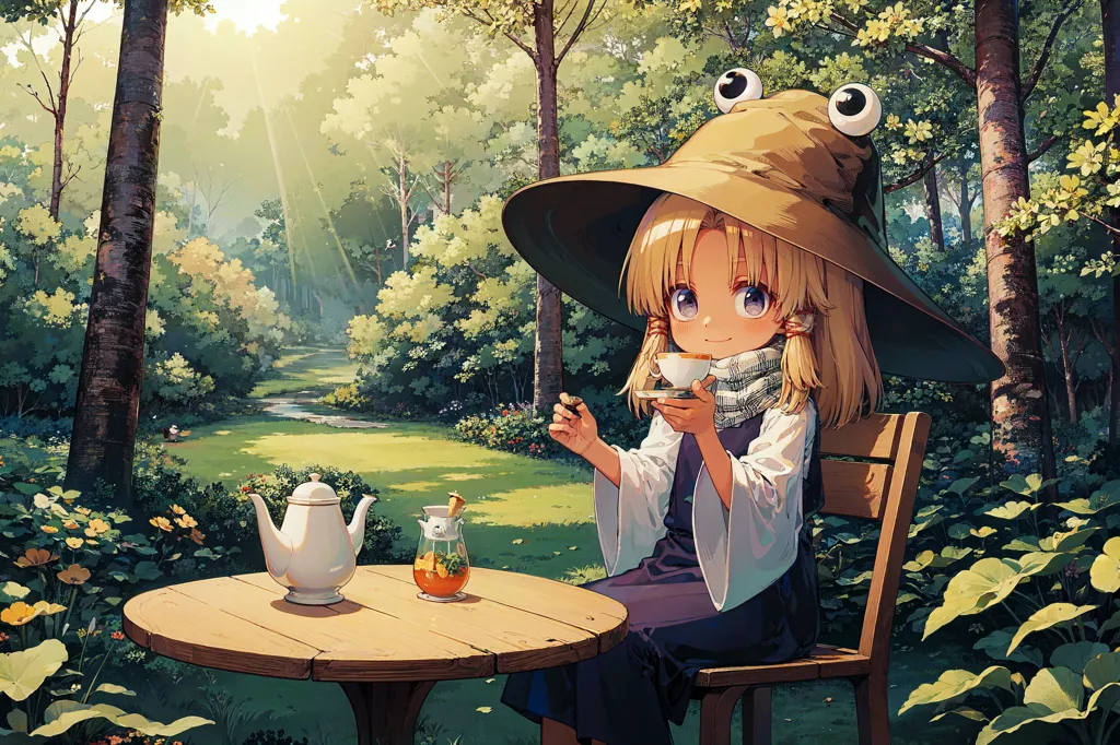 The image is a digital painting of a young girl sitting in a forest. The girl is wearing a large, brown hat with a green band and a white dress. She is sitting at a wooden table, drinking tea from a white teapot. The table is set with two teacups, a pitcher of honey, and a plate of pastries. The girl is surrounded by trees and flowers. The sun is shining through the trees, creating a dappled pattern on the ground. The image is peaceful and serene.