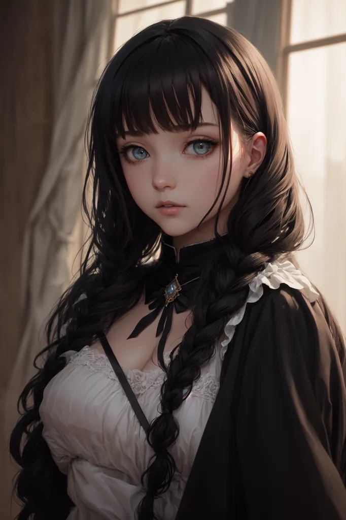 The image shows a young woman with long black hair and blue eyes. She is wearing a white dress with a black corset and a black cape. The woman is standing in front of a window, and the light from the window is shining on her hair and face. The woman's expression is serious and thoughtful.
