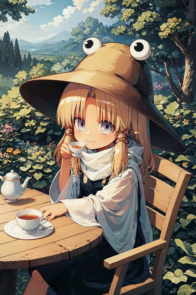 The image is a digital painting of a girl sitting at a table and drinking tea. The girl has long blond hair, purple eyes, and is wearing a brown hat that has eyes on it. She is wearing a white blouse and a brown skirt. The table is set with a teapot, two teacups, and a plate of cookies. The background is a green landscape with mountains in the distance.