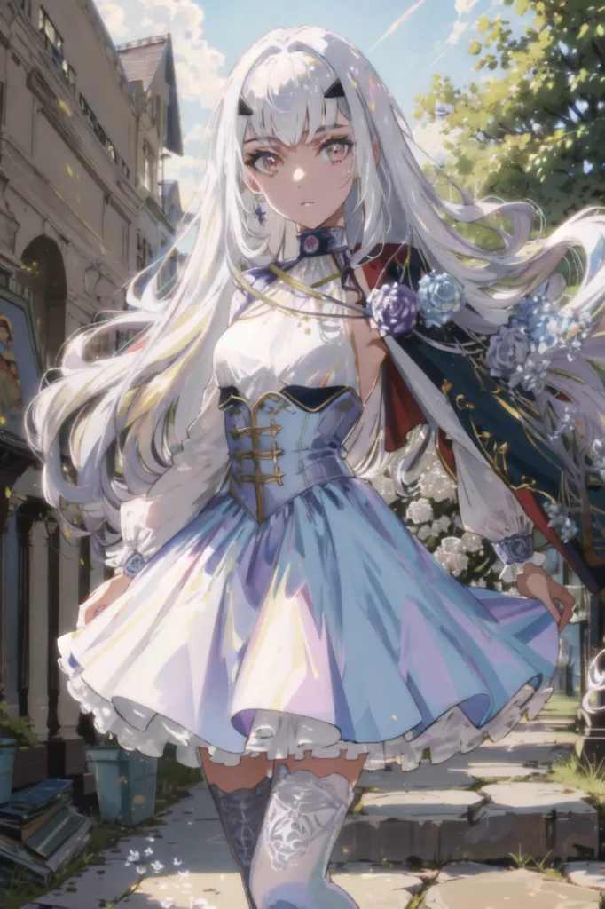 The image is a painting of a young woman with long white hair and red eyes. She is wearing a white and blue dress with a corset and a long white cape. She is also wearing a necklace with a blue gem in the center. The woman is standing in a street with a building in the background. The street is made of cobblestones and there are some plants growing on either side. The woman is looking at the viewer with a serious expression.