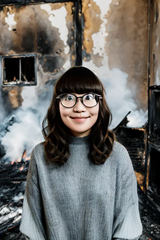 The photo shows a young woman standing in a ruined room. The room is badly damaged, with the walls and floor covered in soot and debris. There is a large hole in the wall behind her, and the window is smashed. The woman is wearing a gray sweater and glasses, and she has a surprised expression on her face. Her hair is dark and shoulder-length, and her bangs are cut straight across. She is looking at the camera with her mouth slightly open.