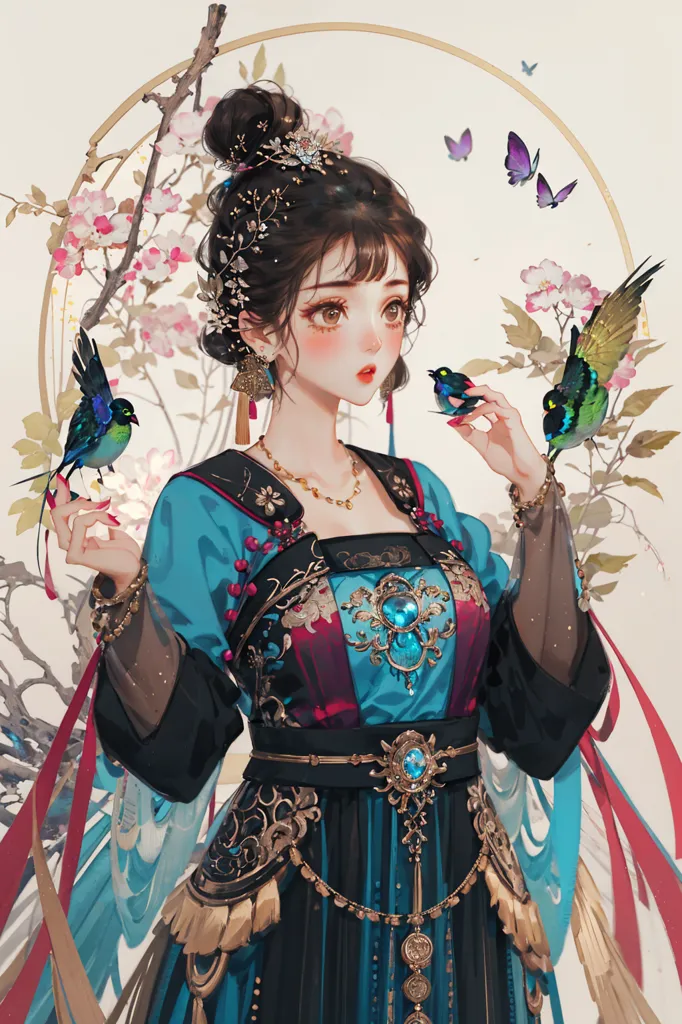 The image is a painting of a young woman in a blue and red dress with intricate gold and silver details. She has long dark hair with a pink flower in it. She is holding a small green and blue bird in her right hand and a larger bird with the same colors in her left hand. The background is a light pink with a large branch with pink flowers on the left side and butterflies on the right. The woman is standing in front of a large gold circle with a pink flower in the center.