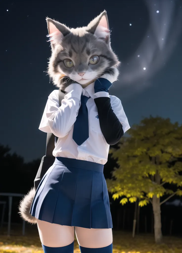 This is an image of a catgirl, which is a fictional creature with the head of a cat and the body of a human. She is wearing a school uniform consisting of a white shirt, blue tie, gray skirt, and black gloves. She also has a backpack on her left shoulder and is standing in front of a tree. The background is a night sky with stars and a bright moon.