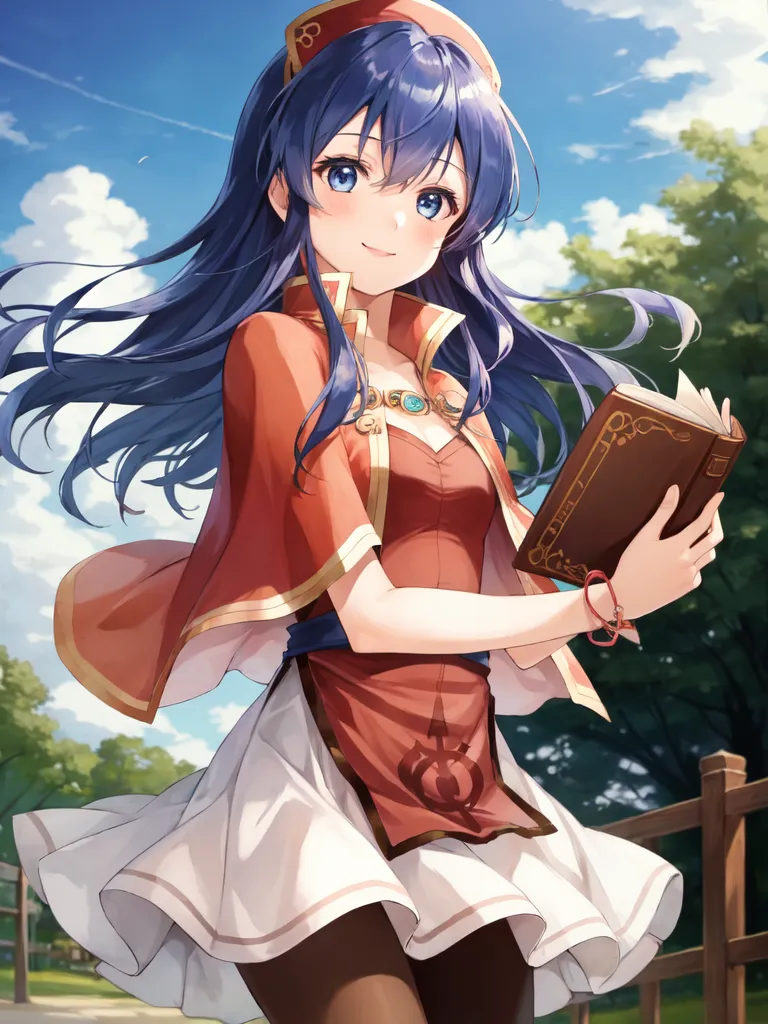 The image is of a young woman with long blue hair and blue eyes. She is wearing a red and white dress with a white apron. She is also wearing a red hat and a brown belt with a green gem on it. She is holding a book in her right hand. She is standing in a forest and there is a blue sky with white clouds in the background.