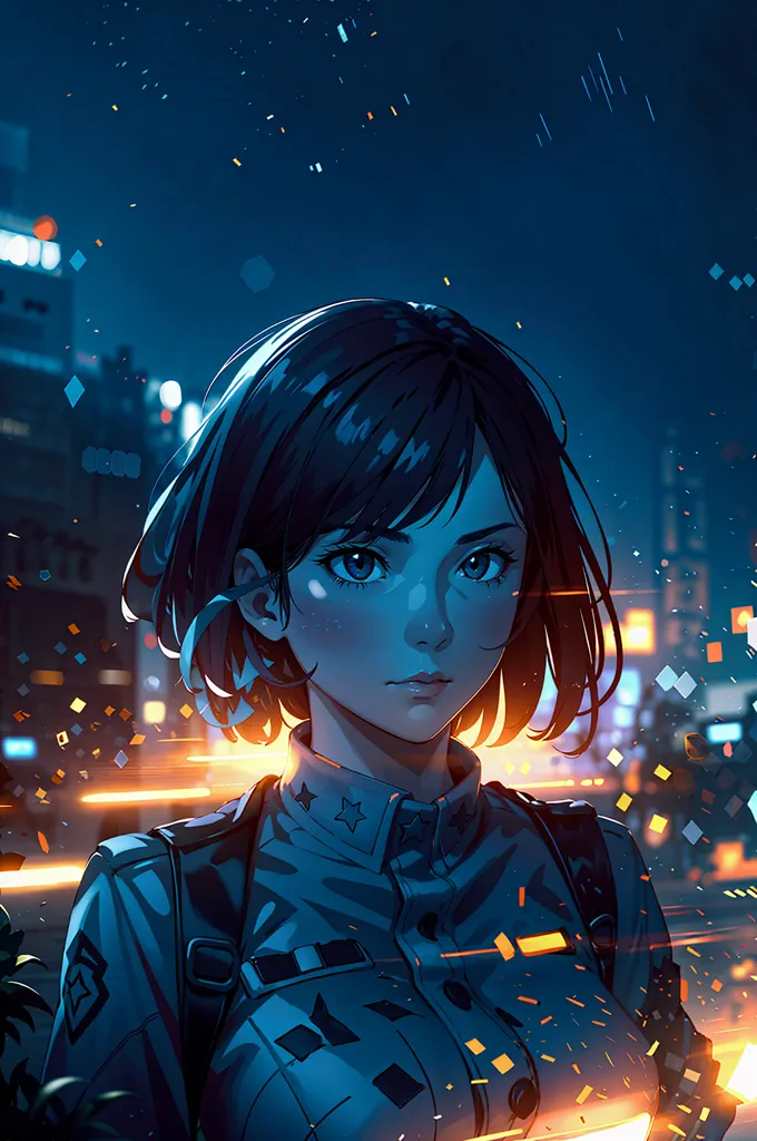 This is an illustration of a young woman with short brown hair and blue eyes. She is wearing a blue shirt and a black jacket. She is standing in front of a blue background with a city in the distance. There are also some orange and yellow lights in the background. The woman is looking at the viewer with a serious expression on her face.