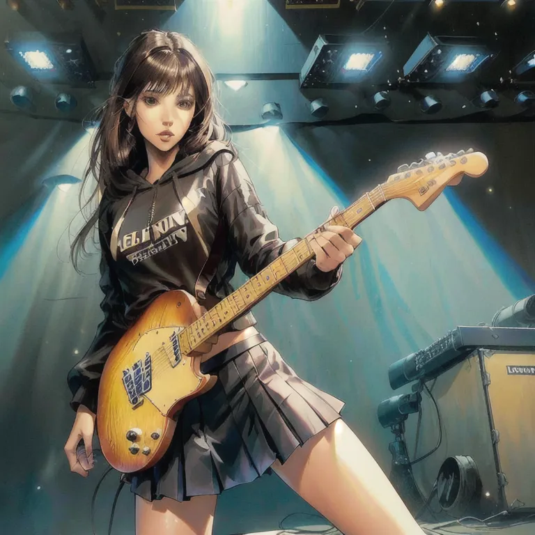 The image is of a young woman with long brown hair playing an electric guitar. She is wearing a black hoodie and a gray pleated skirt. She is standing on a stage with a spotlight shining on her. There is an amplifier and a speaker behind her.