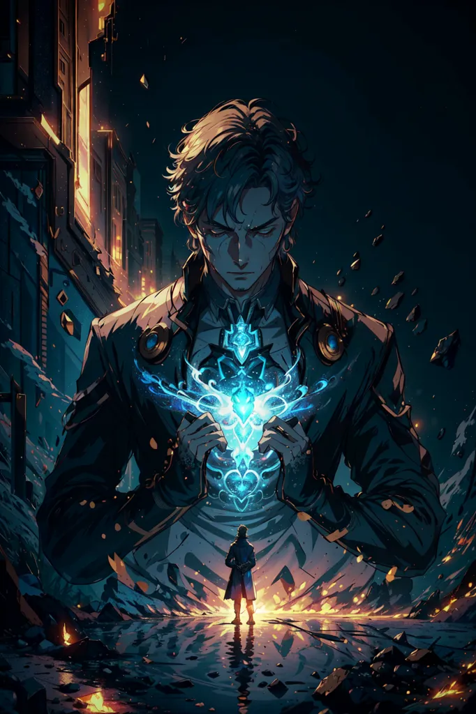 This is an image of a man standing in front of a dark, ruined city. He is wearing a long black coat and has a glowing blue heart-shaped object in his hand. The man is looking down at a figure standing in front of him. The figure is also a man, and he is wearing a long black coat. He has a sword in his hand. In the background, there is a ruined city. There are large buildings and structures, but they are all in ruins. The sky is dark and there are no visible stars or moon.