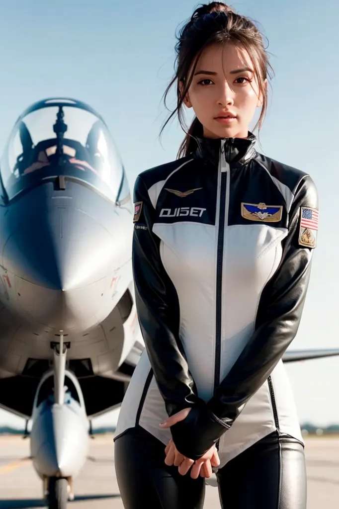 This is an image of a young woman standing in front of a fighter jet. The woman is wearing a black and white flight suit with the word "DIUS ET" on the chest. She has her hair in a ponytail and is looking at the camera. The fighter jet is gray and has the number "316" on the side. The background is a clear blue sky.