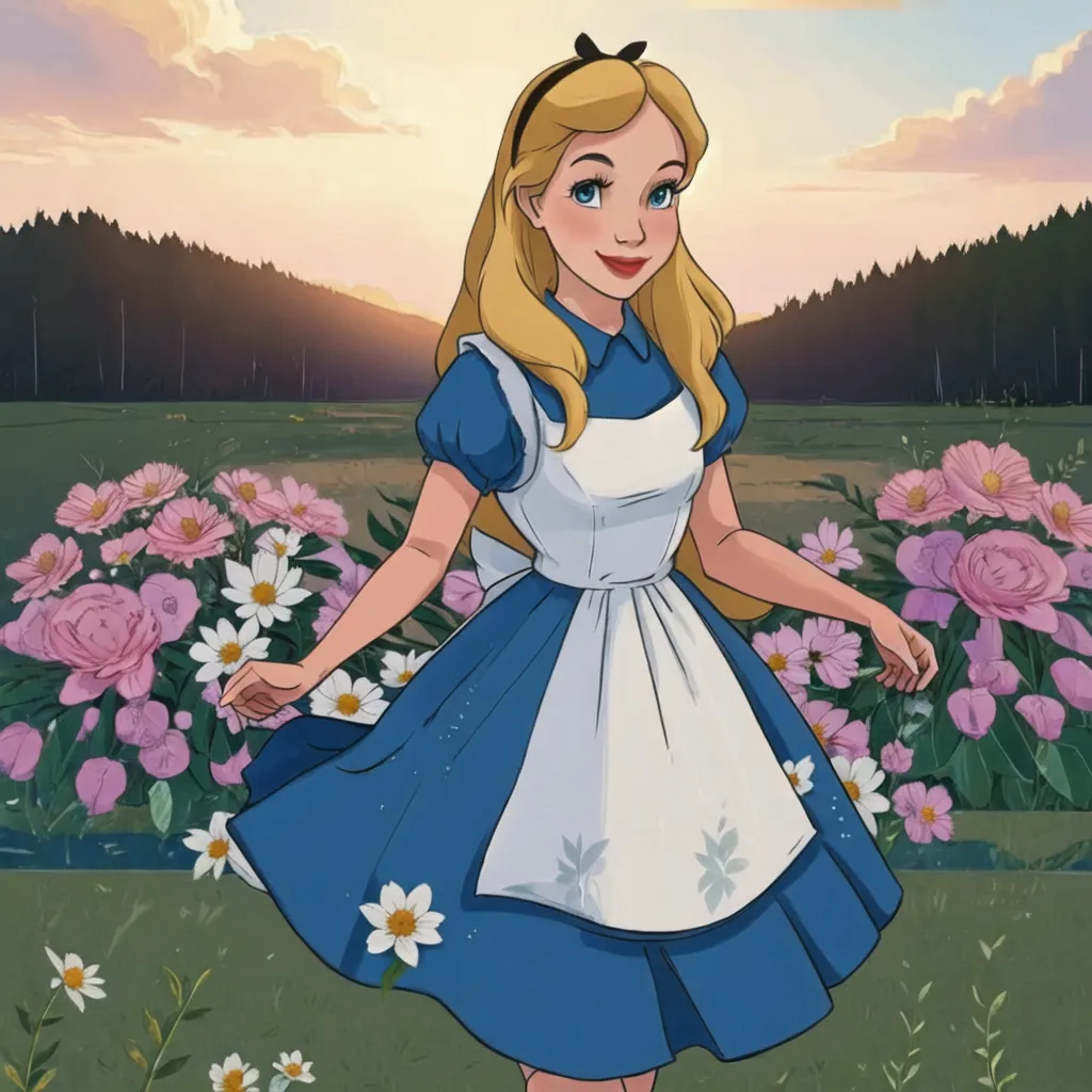 The picture shows a young girl with long blond hair. She is wearing a blue dress with a white apron. There is a black ribbon in her hair. The girl is standing in a field of flowers. There are pink, white, and yellow flowers. The sun is setting in the background. The sky looks yellow, orange, pink, and blue. There is a forest of pine trees in the distance.
