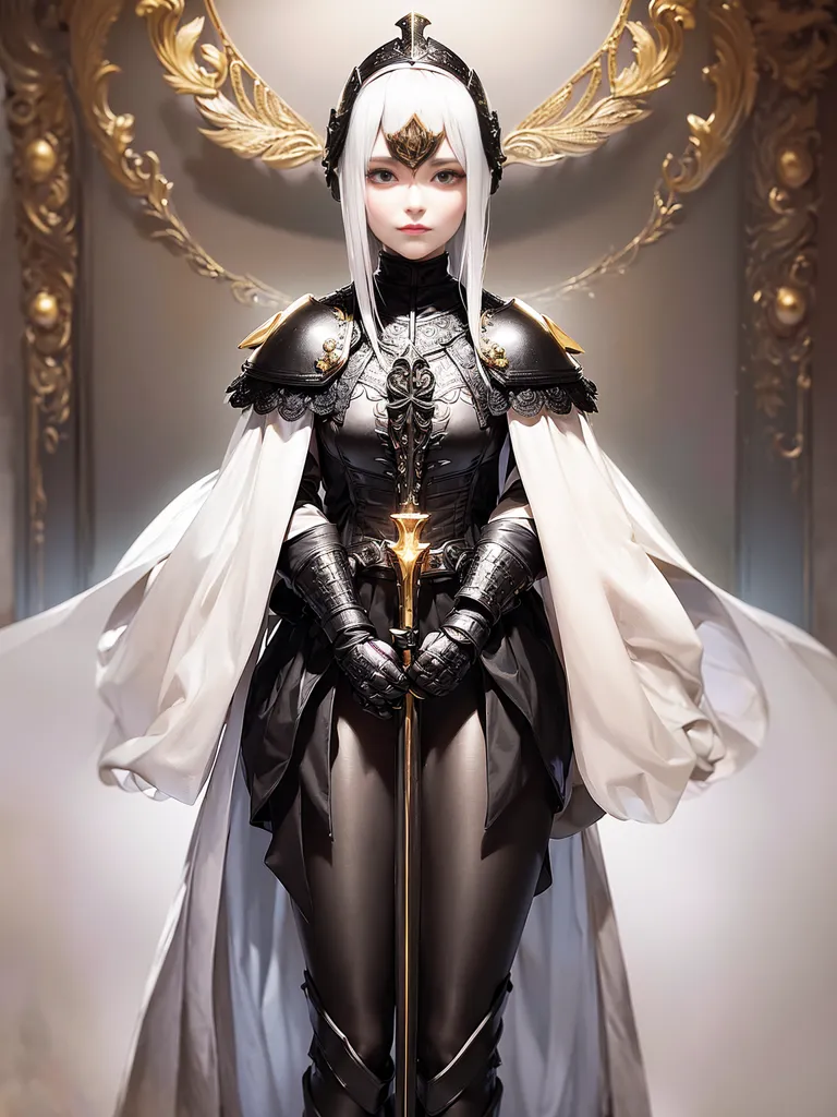 The image shows a young woman with long white hair and silver eyes. She is wearing a black and gold-colored outfit that looks like armor. She is also wearing a white cape and a crown. She is holding a sword in both hands. She is standing in front of a large door that is decorated with gold-colored flourishes.