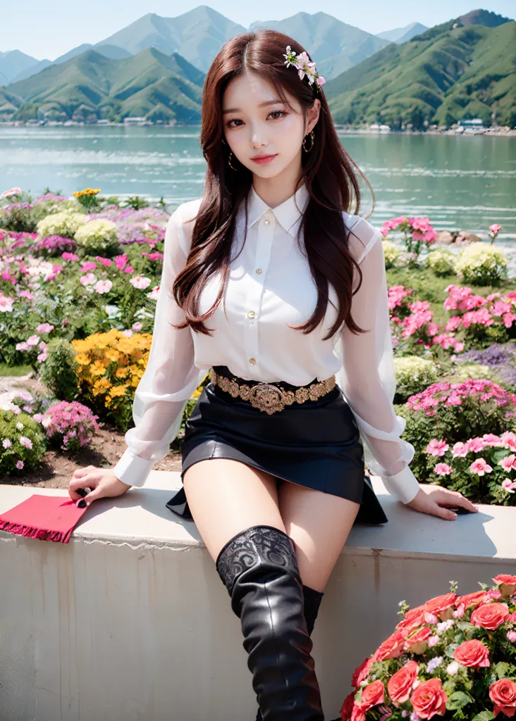 The image shows a young woman sitting on a stone wall in front of a lake. She is wearing a white blouse, black leather skirt, and black leather boots. The blouse is unbuttoned at the collar and the sleeves are slightly rolled up. The skirt is high-waisted and the boots are over-the-knee. The woman has long, dark hair and is wearing a pink flower in her hair. She is also wearing a gold necklace and a gold bracelet. The background of the image is a lake and mountains. The water in the lake is calm and there are small waves lapping at the shore. The mountains in the background are green and there are clouds in the sky.