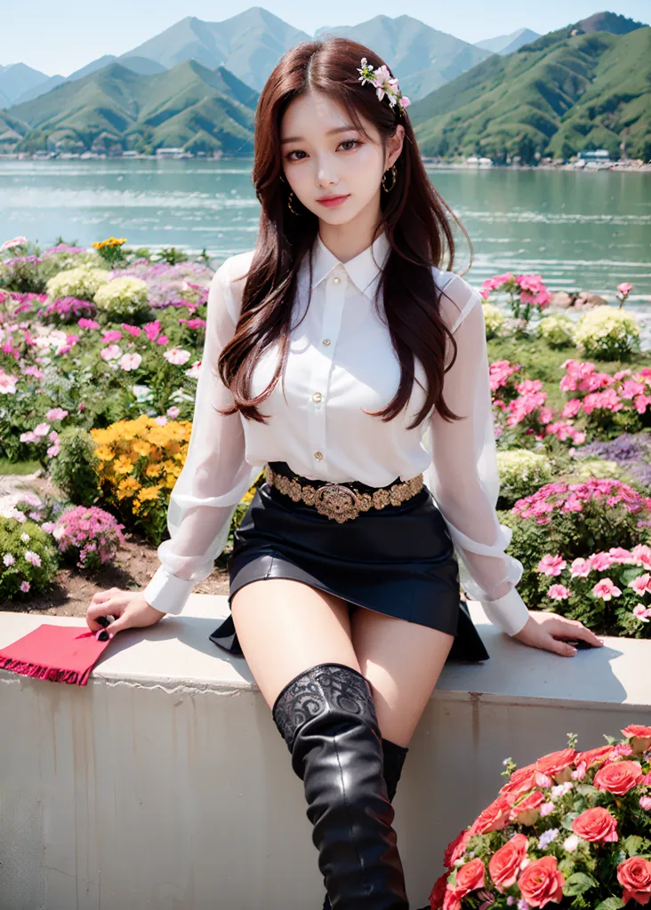 L'image montre une jeune femme assise sur un mur de pierre devant un lac. Elle porte une blouse blanche, une jupe en cuir noir et des bottes en cuir noir. La blouse est déboutonnée au col et les manches sont légèrement retroussées. La jupe est taille haute et les bottes sont au-dessus du genou. La femme a de longs cheveux foncés et porte une fleur rose dans ses cheveux. Elle porte également un collier en or et un bracelet en or. L'arrière-plan de l'image est un lac et des montagnes. L'eau du lac est calme et il y a de petites vagues qui s'échouent sur la rive. Les montagnes à l'arrière-plan sont vertes et il y a des nuages dans le ciel.