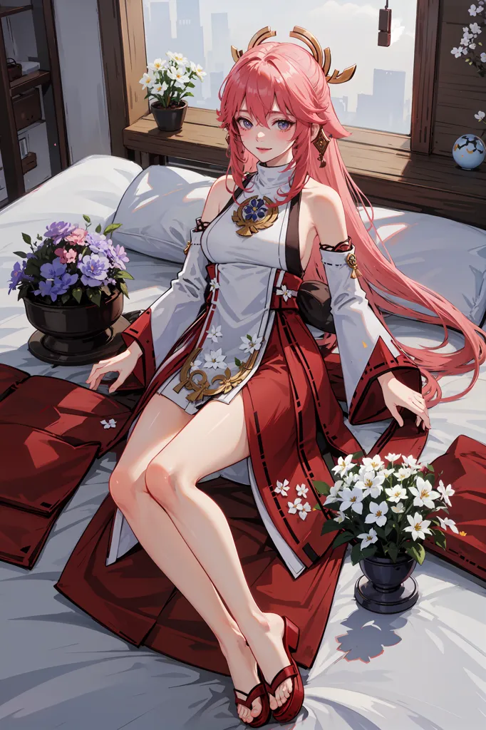 The image is of a young woman with pink hair and red eyes. She is wearing a white and red kimono with a pink obi. She is sitting on a bed with white sheets and red pillows. There are flowers on the bed and on the floor. The woman is smiling and has her eyes closed.