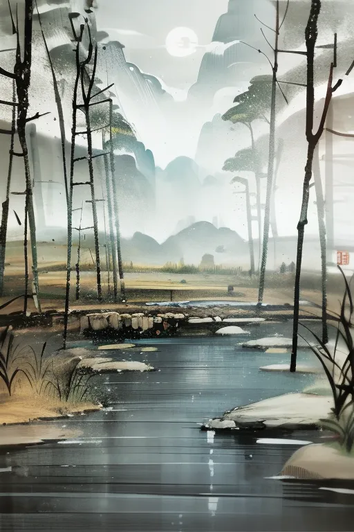The image is a beautiful landscape painting in a traditional Chinese style. It depicts a misty mountain landscape with a winding river in the foreground. The mountains are shrouded in mist and the trees are bare, their branches reaching out towards the sky. The river is calm and still, reflecting the light of the moon. The painting is done in muted colors, with a focus on the beauty of the natural world.