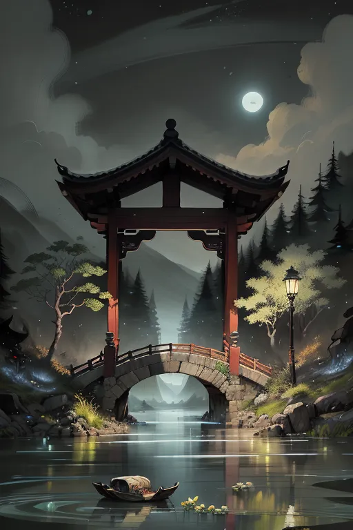 The image is a beautiful landscape painting in a traditional Chinese style. The painting depicts a moonlit night with a red bridge over a river. The bridge is flanked by two trees and there is a small boat on the river. The background is a dark mountain landscape with a full moon. The painting is done in muted colors and has a very peaceful and serene atmosphere.