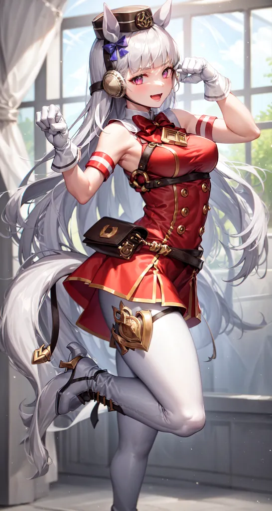 La imagen es un dibujo de estilo anime de una mujer joven con el cabello blanco y los ojos morados. Lleva un vestido rojo y blanco con un sombrero blanco y guantes negros. También lleva un cinturón marrón con una hebilla dorada y un pequeño bolso marrón colgando de su lado derecho. Tiene un collar dorado alrededor del cuello y una pulsera dorada en la muñeca derecha. Está de pie frente a un fondo blanco con una ventana grande a la izquierda.