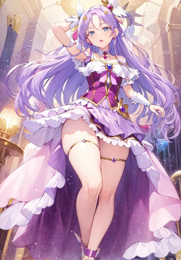 The image is of a young woman with long purple hair. She is wearing a purple dress with a white and gold bodice. The dress has a long skirt with a ruffled hem and a shorter overskirt with a scalloped edge. She is also wearing white gloves and purple shoes with gold accents. Her hair is styled with a large bun at the back of her head and she has a tiara on her head. She is standing in a large hall with a marble floor and gold columns. There are two large windows in the background and a chandelier hanging from the ceiling.