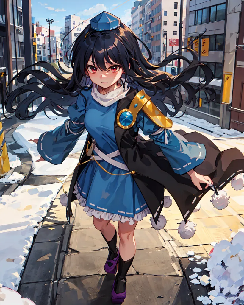 The image shows an anime-style girl with long black hair, red eyes, and a blue and white outfit. She is walking down a snowy street in a city. The girl is wearing a blue hat with a white gem in the center. The hat has a gold band around it. The girl's outfit consists of a white blouse, a blue vest, and a blue skirt. The vest has gold trim and white sleeves. The skirt is pleated and has a white underskirt. The girl is wearing black boots with purple laces. She is also wearing a brown belt with a gold buckle. The girl's hair is long and black and it is blowing in the wind. She has a determined expression on her face. The background of the image is a city street. There are buildings on either side of the street and snow on the ground. The sky is blue and there are clouds in the sky.