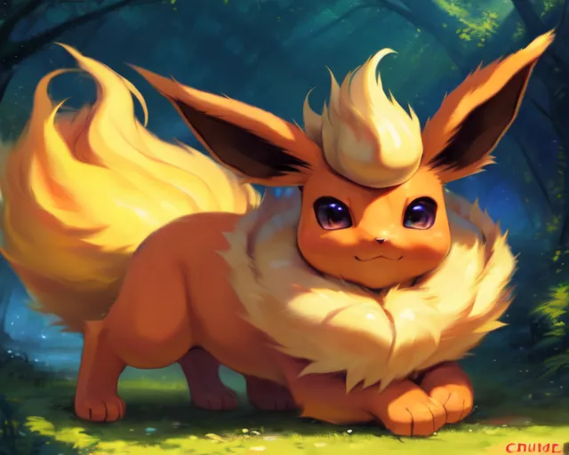 The image is a painting of a Pokemon character named Flareon. It is a quadrupedal creature with orange fur and a fluffy, yellow mane. It has large, blue eyes and a small, black nose. It is standing in a forest, surrounded by green trees. The background is a blur of green and blue, with a few rays of sunlight shining through the trees. Flareon is smiling and looks happy.