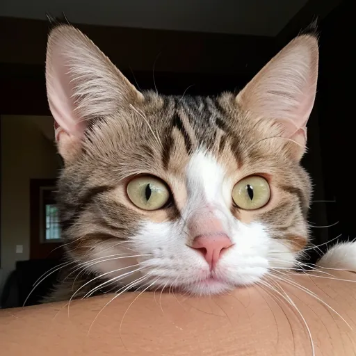 Esta es una fotografía de primer plano del rostro de un gato. El gato tiene ojos grandes y redondos de color verde, una nariz rosa y largos bigotes blancos. Su pelaje es blanco con algunas manchas marrones y rayas negras. El gato está apoyando su cabeza en el brazo de una persona.