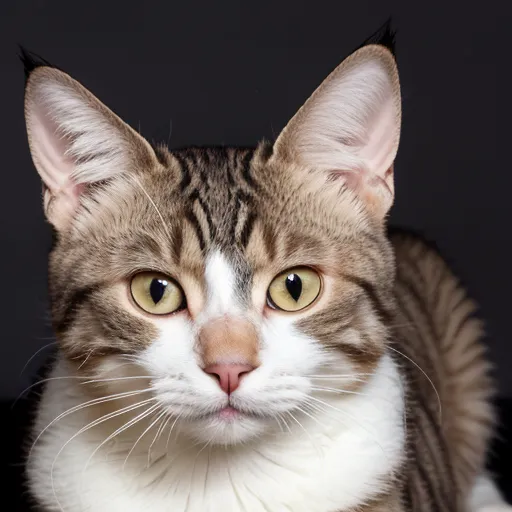 This is a close-up picture of a cat looking at the camera. The cat has big round yellow eyes, a pink nose, and long, curved whiskers. Its fur is white with some patches of brown and black stripes. The background is black, and the cat's fur is short and fluffy.