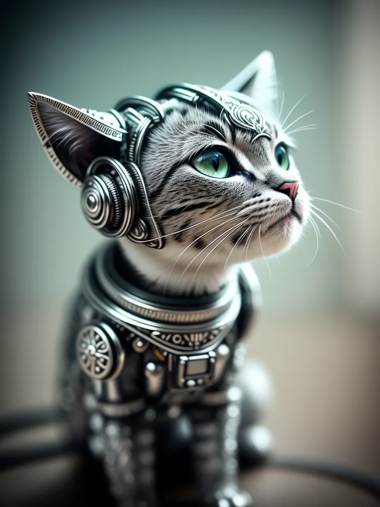 The image shows a cat wearing a silver and grey suit of armor. The armor has a futuristic design and covers the cat's body from its neck to its paws. The cat is also wearing a pair of headphones that are attached to the armor. The cat is sitting on a table and looking to the right of the frame. The background is a blur of light grey.