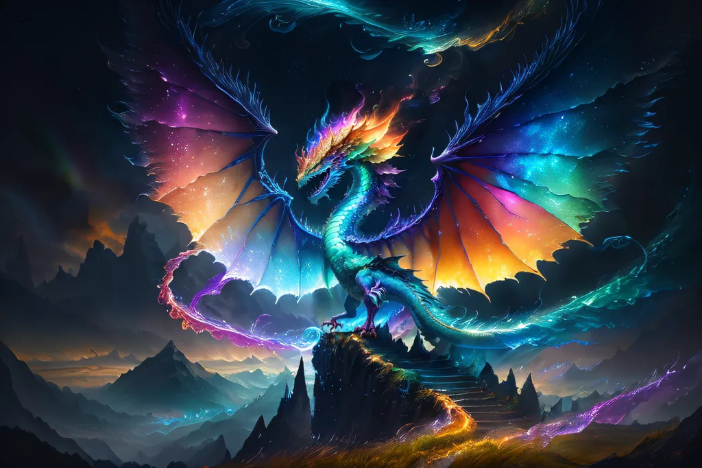 The image is a painting of a rainbow dragon. The dragon is standing on a rock in front of a mountain range. The dragon has its wings spread out and is breathing fire. The fire is rainbow-colored. The dragon's scales are also rainbow-colored. The background is a dark blue night sky with clouds.