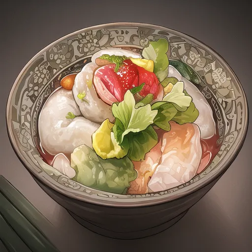 A bowl of dumplings in a red broth. The dumplings are filled with a variety of ingredients, including pork, shrimp, and vegetables. The broth is flavored with soy sauce, ginger, and other spices. The dumplings are topped with green onions and cilantro.