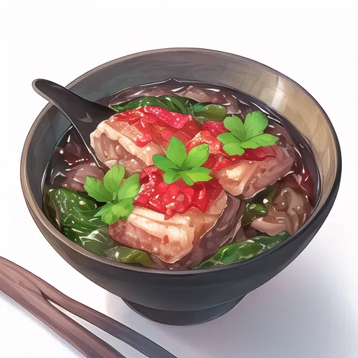 The image is a bowl of Japanese udon noodles. The noodles are topped with two slices of pork, which are covered in a red sauce. The bowl is also filled with green onions and a clear broth. The udon noodles are served with a pair of chopsticks.