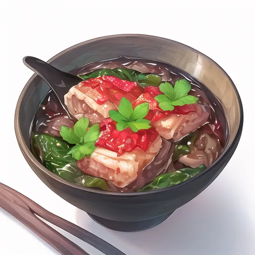 Gambar ini adalah semangkuk mie udon Jepang. Mie tersebut ditaburi dengan dua irisan daging babi yang ditutupi saus merah. Mangkuk juga diisi dengan bawang daun hijau dan kaldu bening. Mie udon disajikan dengan sepasang sumpit.