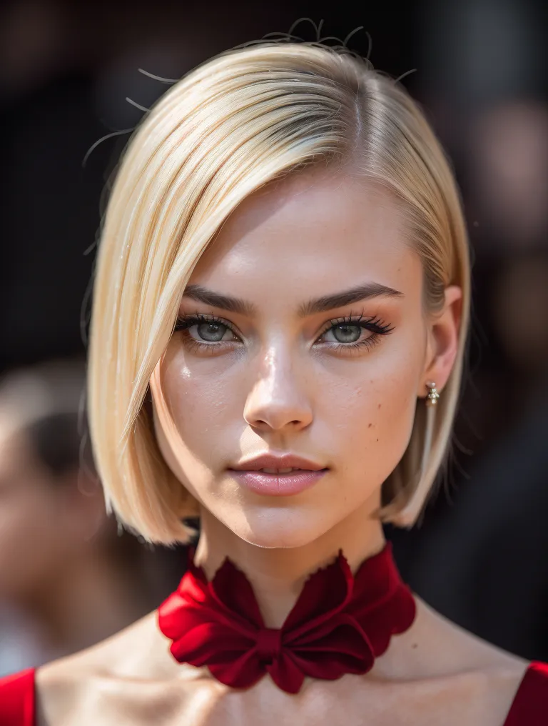 The image shows a young woman with short blonde hair and light makeup. She is wearing a red bow tie. The background is blurred.