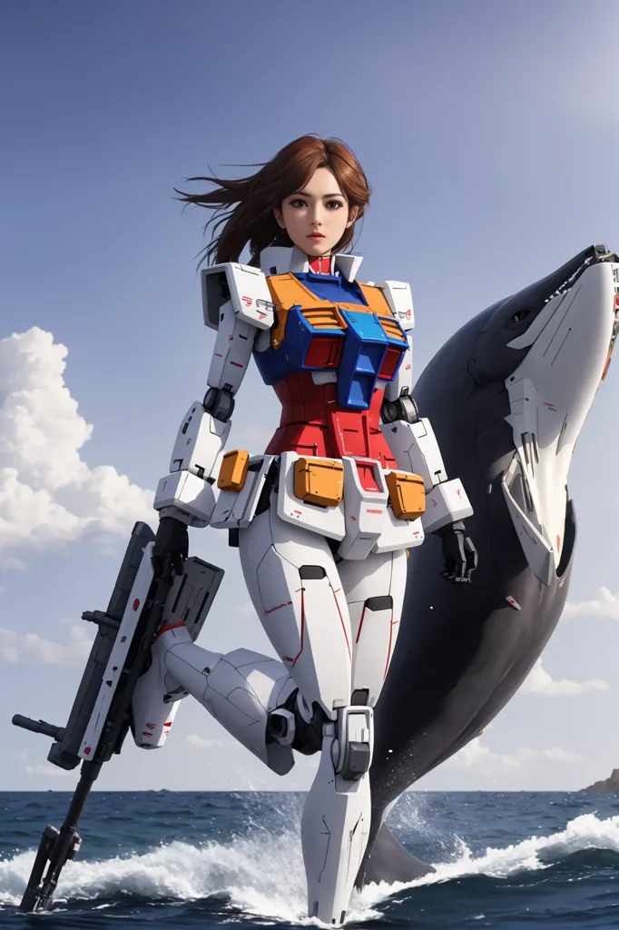 This is an illustration of a young woman standing on the back of a surfacing dolphin. She is wearing a white, red, and blue armored suit with a large gun in her right hand. The background is a blue sky with white clouds and the ocean.