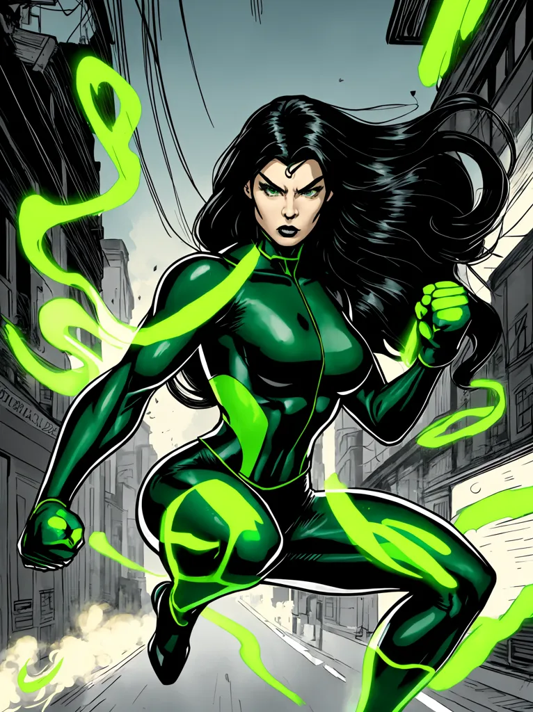 A woman with long black hair is wearing a green and black superhero costume. She is in the middle of a city street with a determined look on her face. She has her fists raised in a fighting stance. There is a green glow around her fists.