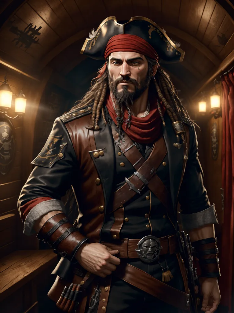 The image shows a pirate with a beard and long dreadlocked hair. He is wearing a black leather coat with gold buttons and a red sash. He has a cutlass in his belt and a pistol in his hand. He is standing in a dark room with a wooden floor and a red curtain in the background. There are two lanterns on the wall behind him.