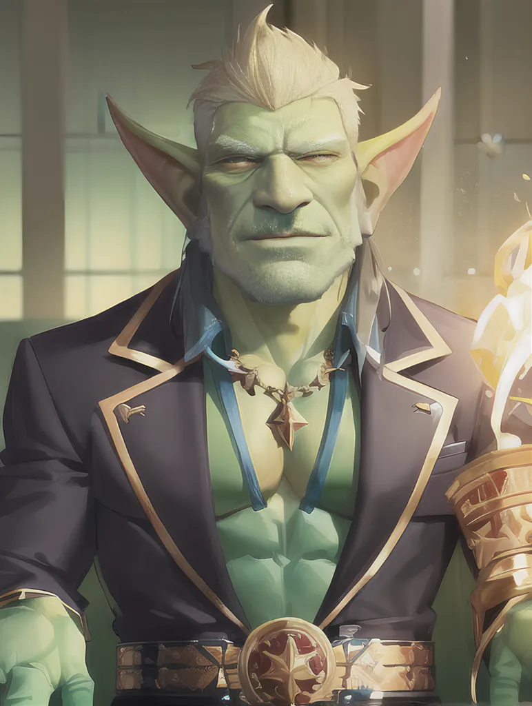 The image shows a male goblin. He is wearing a black suit with a white shirt and a gold tie. He has a gold chain around his neck and a gold ring on his finger. He is sitting in a chair and has a serious look on his face. He has green skin and yellow eyes, and his ears are pointed. He is muscular and has a large build. He is also bald, except for a few white hairs on the top of his head.