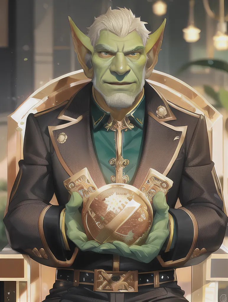 The image shows a male goblin in a black suit with gold trim. He is sitting on a golden throne and holding a golden orb in his hands. He has a smug expression on his face and is looking at the viewer. He has green skin, pointed ears, and white hair. He is wearing a green shirt and a gold tie. The background is a blur of light green and there are two small lights on either side of the goblin.
