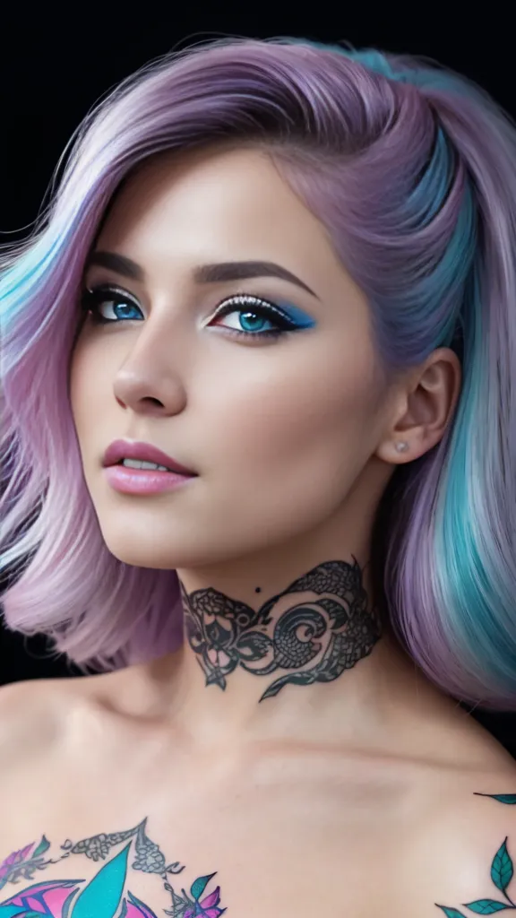 The image shows a young woman with a light skin tone and multi-colored hair. The left side of her head has bright pink hair that fades to teal at the bottom. The right side of her head has purple hair that fades to teal at the bottom. She has blue eyes and dark eyebrows. She is wearing a black choker with a white floral design in the center. She also has a large floral tattoo in teal and purple on her chest.