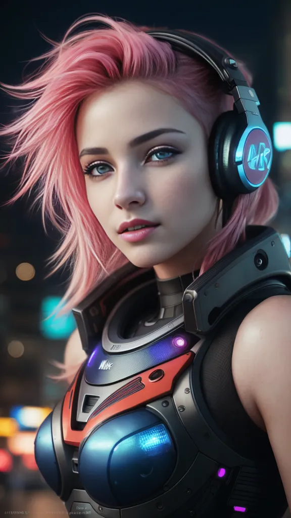 The image is a portrait of a young woman with pink hair and blue eyes. She is wearing a black and red bodysuit and a pair of headphones. The background is a blurred cityscape at night. The woman's expression is serious and thoughtful.