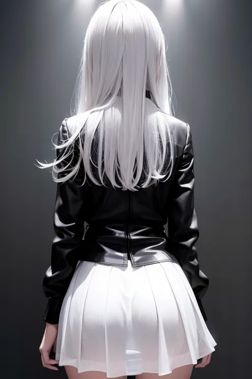 The image shows a woman with long white hair wearing a black leather jacket and a white pleated skirt. She is standing with her back to the viewer, and her head is turned slightly to the right. The woman's figure is slim and athletic, and her skin is pale. The image is set in a dark room with two spotlights shining down on the woman. The spotlights create a dramatic effect, and they make the woman's figure stand out from the background.