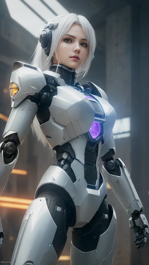 The image depicts a beautiful woman with long white hair and purple eyes. She is wearing a futuristic white and gray bodysuit with a glowing purple core. She is also wearing a pair of headphones. The woman is standing in a dark room with a large window in the background.