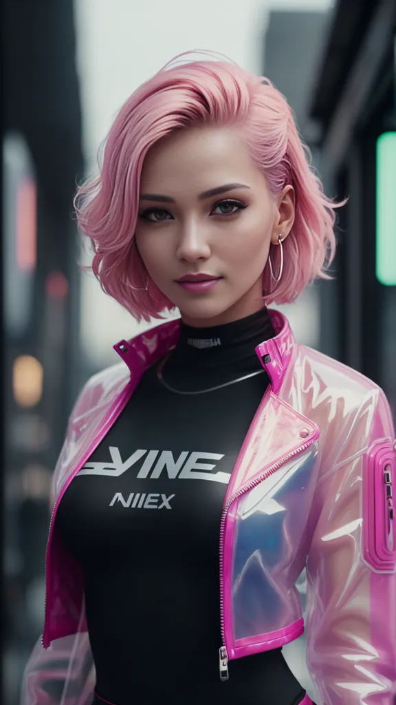 The image shows a young woman with pink hair and brown eyes. She is wearing a black turtleneck and a transparent pink jacket with the word "VINE" and "NIEX" written on it in black. She is also wearing silver hoop earrings. The background is blurred.