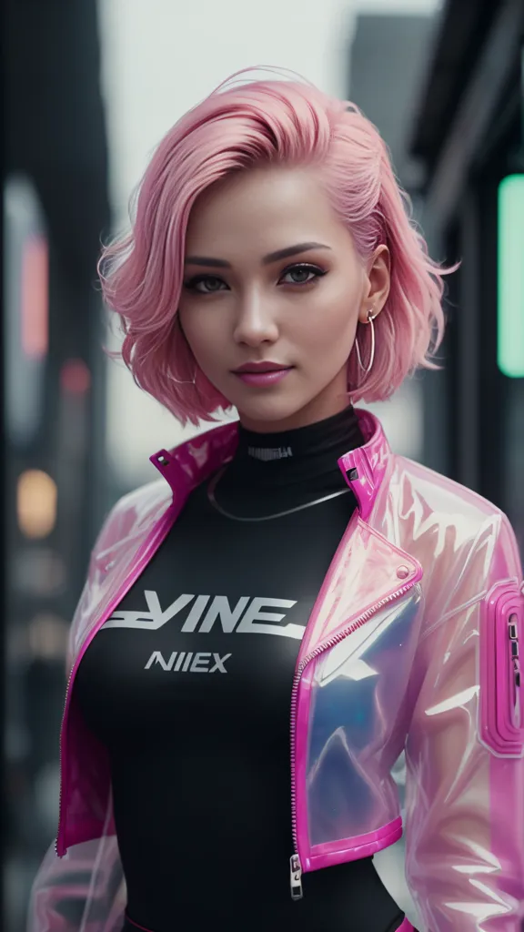 The image shows a young woman with pink hair and brown eyes. She is wearing a black turtleneck and a transparent pink jacket with the word \