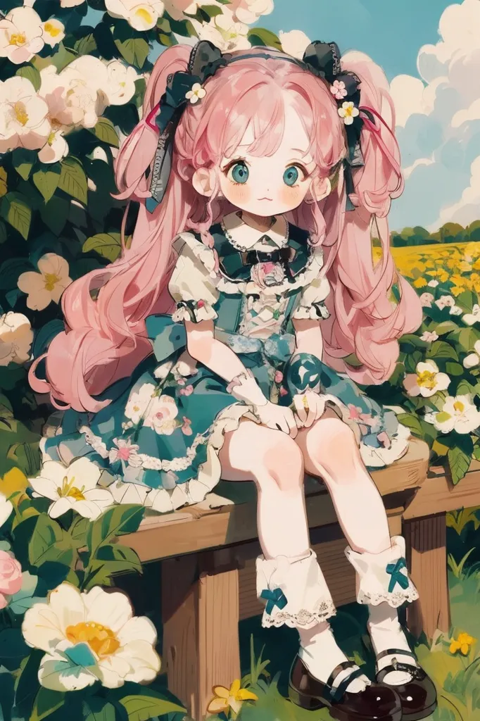 The image is of a young girl with pink hair and blue eyes. She is wearing a white and blue dress with a floral pattern. She is sitting on a bench in a field of flowers. The flowers are mostly white and yellow, with a few pink and blue ones as well. The background is a light blue sky with white clouds. The girl is smiling and has her hands on her lap. She is wearing white socks and brown shoes. Her hair is long and flowing, and she has a small pink bow in her hair. She is sitting on a wooden bench, and there are flowers and plants all around her. The image is very colorful and bright, and it has a happy and peaceful feeling to it.