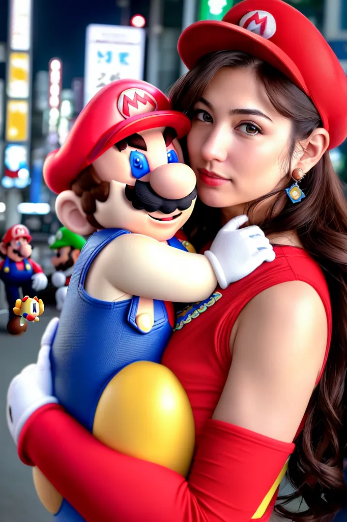 The image is of a young woman with long brown hair and brown eyes. She is wearing a red cap with a white M on it, a red shirt, and blue overalls. She is also wearing white gloves and red boots. She is holding a plush doll of Mario, a character from the Super Mario Bros. video game series. The doll is wearing a blue hat and overalls, and has a yellow mustache. The woman is smiling and looking at the camera. She is standing in front of a city street with a blurred background.