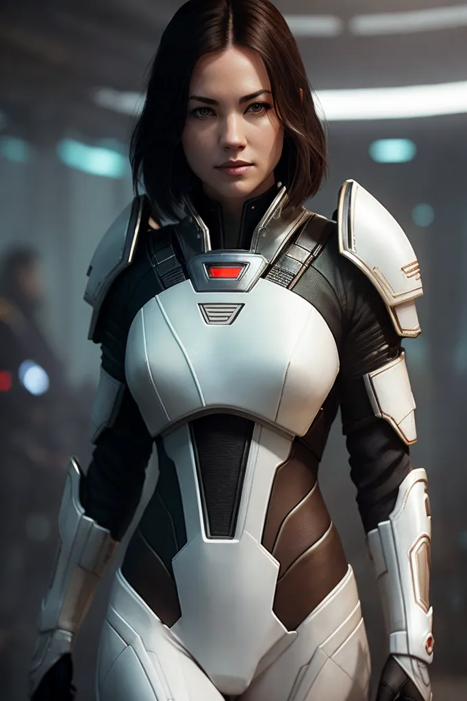 This is an image of a woman in a futuristic armor suit. She has short brown hair and brown eyes. She is standing in a dark room with a bright light in the background. She is wearing a white and black armor suit with a red light on her chest. She has a gun in her hand. She is looking at the viewer with a serious expression.